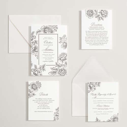 This is a graphite letterpress wedding invitations with letterpress by Chris Griffith called wedding press printing on white cotton in standard