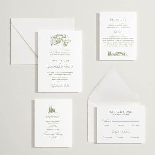 This is a olive letterpress wedding invitations with letterpress by Lucrecia Caporale called vineyard elegance printing on white cotton in standard