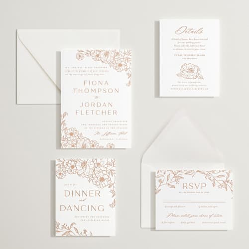 This is a sandstone letterpress wedding invitations with letterpress by Vera Lim called camellia.. printing on white cotton in standard
