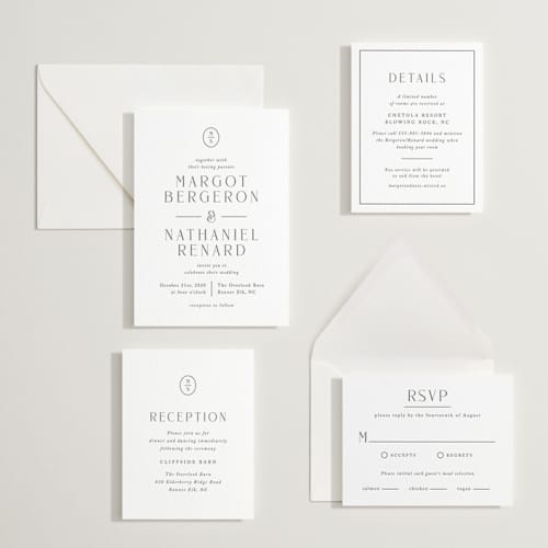 This is a soft black letterpress wedding invitations with letterpress by Olivia Raufman called minimalist monogram printing on white cotton in standard