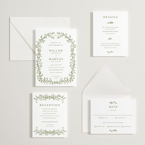 This is a olive letterpress wedding invitations with letterpress by Susan Moyal called greenery vine printing on white cotton in standard