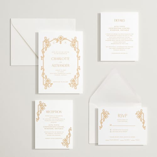This is a saffron letterpress wedding invitations with letterpress by Selima Akhter called nouveau peony printing on white cotton in standard