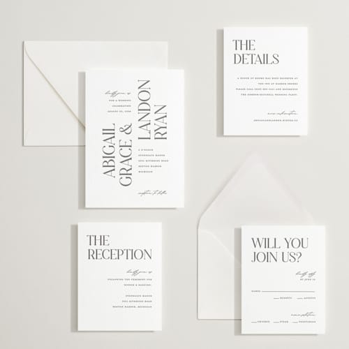 This is a soft black letterpress wedding invitations with letterpress by Pixel and Hank called tallest printing on white cotton in standard