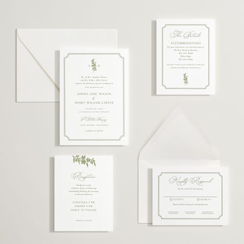 This is a olive letterpress wedding invitations with letterpress by Yaling Hou Suzuki called simply elegant printing on white cotton in standard