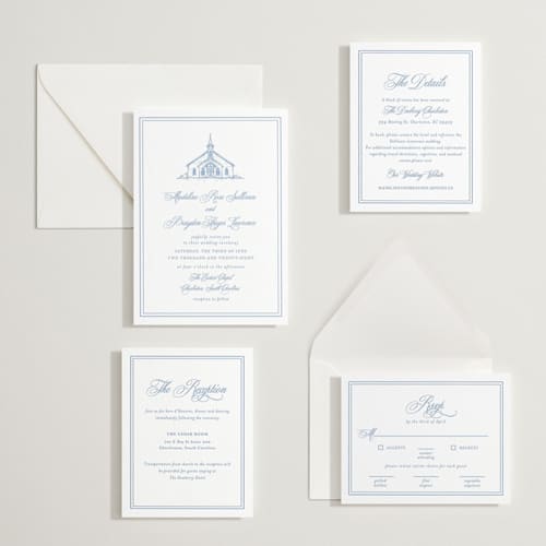 This is a pacific blue letterpress wedding invitations with letterpress by Melinda Denison called the chapel printing on white cotton in standard