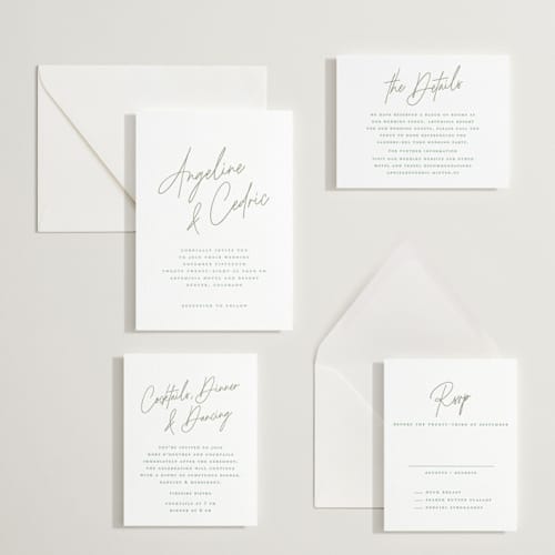 This is a artichoke letterpress wedding invitations with letterpress by chocomocacino called angeline printing on white cotton in standard