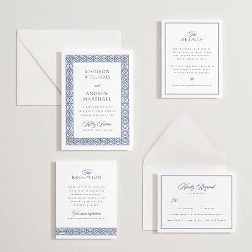 This is a lapis letterpress wedding invitations with letterpress by Angela Garrick called tiled printing on white cotton in standard