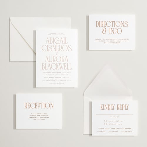 This is a sandstone letterpress wedding invitations with letterpress by JoAnn Jinks called title printing on white cotton in standard