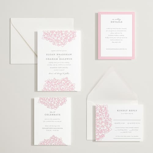 This is a peony | granite letterpress wedding invitations with letterpress by Paula Pecevich called hydrangea blooms printing on white cotton in standard