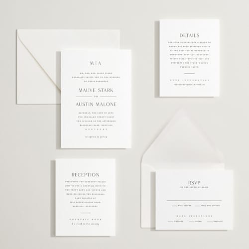 This is a soft black letterpress wedding invitations with letterpress by Stacey Meacham called simple charm printing on white cotton in standard
