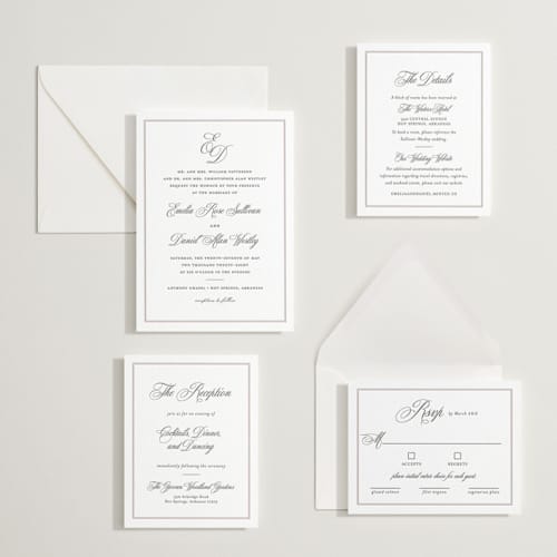 This is a dove grey | soft black letterpress wedding invitations with letterpress by Melinda Denison called royal printing on white cotton in standard