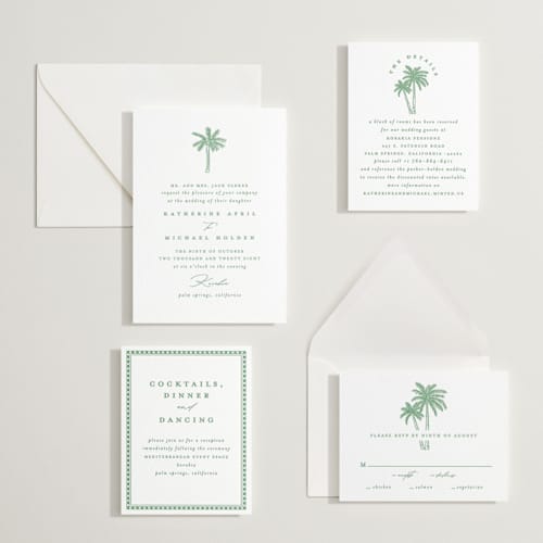 This is a fern letterpress wedding invitations with letterpress by Creo Study called iconic printing on white cotton in standard