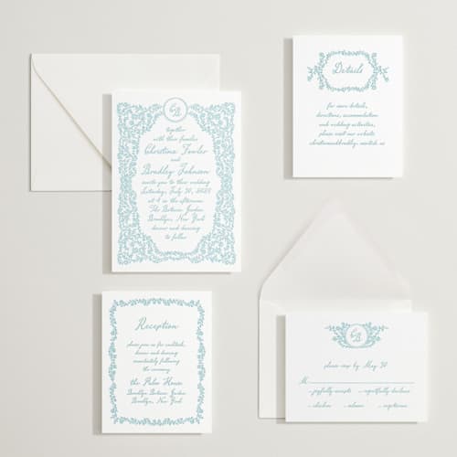 This is a robin's egg letterpress wedding invitations with letterpress by Creo Study called garden romance printing on white cotton in standard