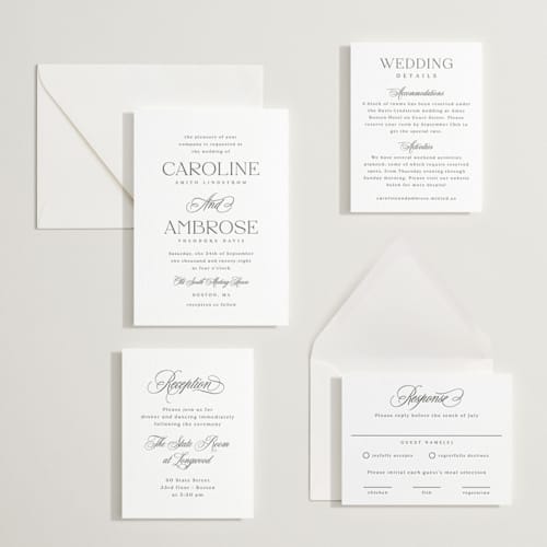 This is a soft black letterpress wedding invitations with letterpress by Olivia Raufman called ambrose printing on white cotton in standard