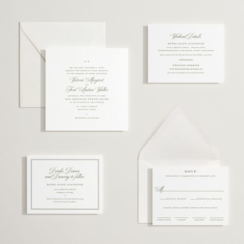 This is a artichoke letterpress wedding invitations with letterpress by Megan Davis called putnam printing on white cotton in standard