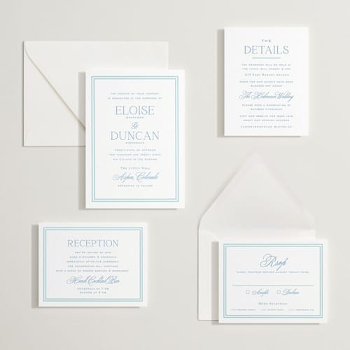 This is a marine blue letterpress wedding invitations with letterpress by chocomocacino called ricciarelli printing on white cotton in standard