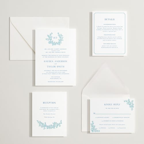 This is a robin's egg | marine blue letterpress wedding invitations with letterpress by Cass Loh called flowers monogram printing on white cotton in standard