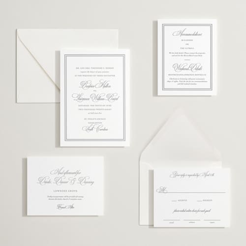 This is a graphite letterpress wedding invitations with letterpress by Megan Davis called bradford printing on white cotton in standard