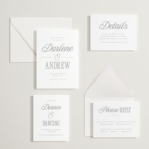 This is a smoke letterpress wedding invitations with letterpress by Vera Lim called icon printing on white cotton in standard