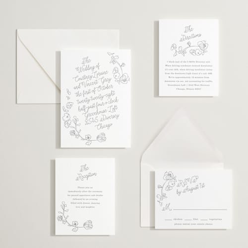 This is a smoke letterpress wedding invitations with letterpress by Baumbirdy called note printing on white cotton in standard