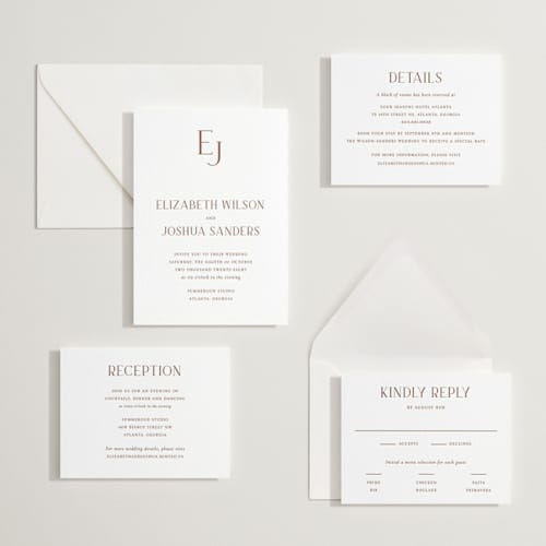This is a burnt sienna letterpress wedding invitations with letterpress by Vanessa Doyle called chic printing on white cotton in standard