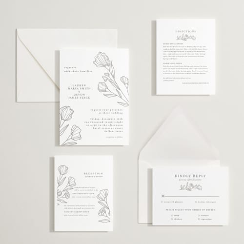This is a graphite letterpress wedding invitations with letterpress by Deynaaz Daraei called bouvardia printing on white cotton in standard