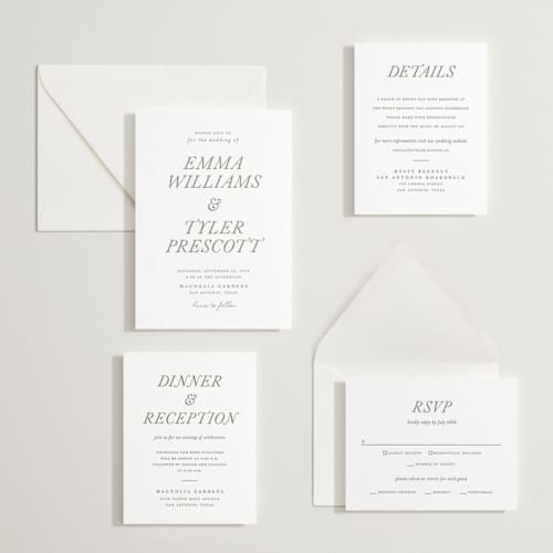 This is a graphite letterpress wedding invitations with letterpress by Eric Clegg called magnolia printing on white cotton in standard