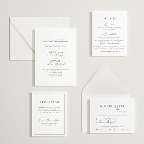 This is a soft black letterpress wedding invitations with letterpress by Tamara Hilje called modern classic printing on white cotton in standard