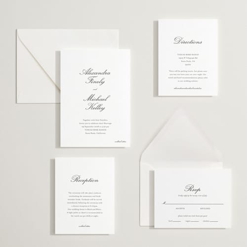 This is a soft black letterpress wedding invitations with letterpress by Ani Somi called finely printing on white cotton in standard