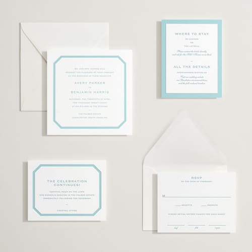 This is a robin's egg letterpress wedding invitations with letterpress by Megan Davis called danbury printing on white cotton in standard