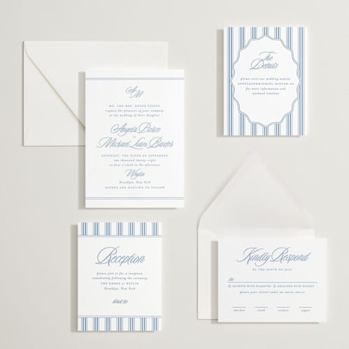 This is a pacific blue letterpress wedding invitations with letterpress by Creo Study called stately printing on white cotton in standard