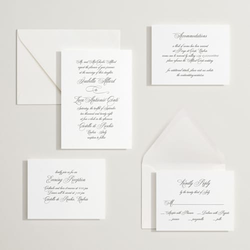 This is a soft black letterpress wedding invitations with letterpress by Benita Crandall called palazzo printing on white cotton in standard