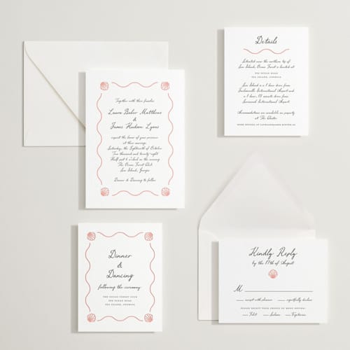 This is a paloma letterpress wedding invitations with letterpress by Alston Foster called ocean love printing on white cotton in standard