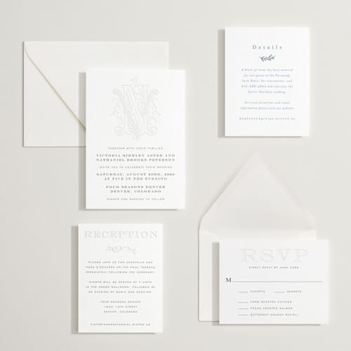 This is a soft black letterpress wedding invitations with letterpress by Jenna Holcomb called classically printing on white cotton in standard