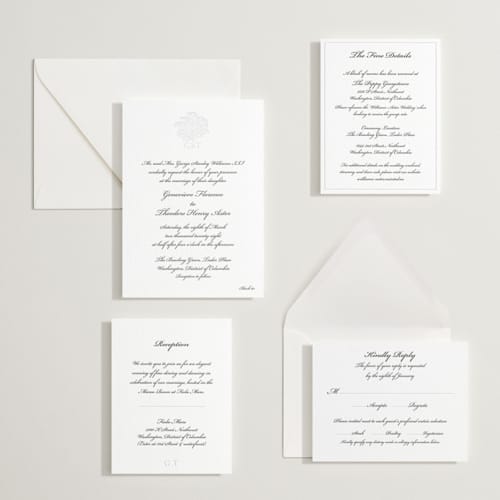 This is a soft black | blind deboss letterpress wedding invitations with letterpress by Clover and Lamb called astor elegance printing on white cotton in standard