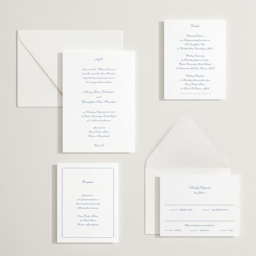 This is a pacific blue letterpress wedding invitations with letterpress by Blustery August called villa printing on white cotton in standard