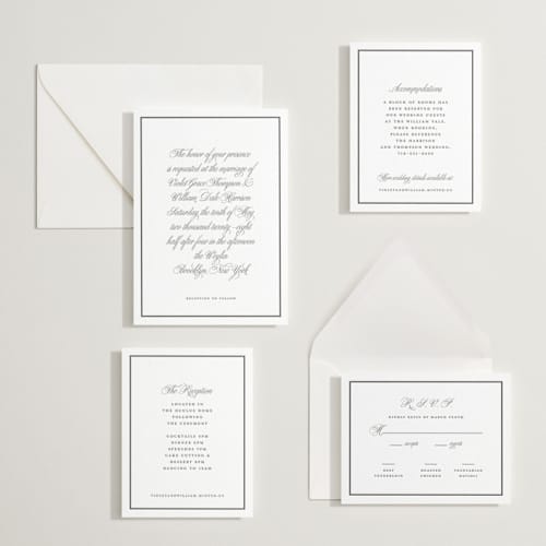 This is a soft black letterpress wedding invitations with letterpress by mo kelley called the day printing on white cotton in standard