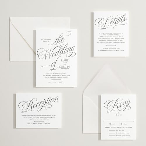 This is a soft black letterpress wedding invitations with letterpress by Kate Ahn called mirin printing on white cotton in standard