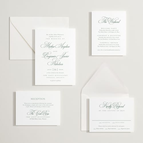 This is a evergreen letterpress wedding invitations with letterpress by Kelly Schmidt called chic script printing on white cotton in standard