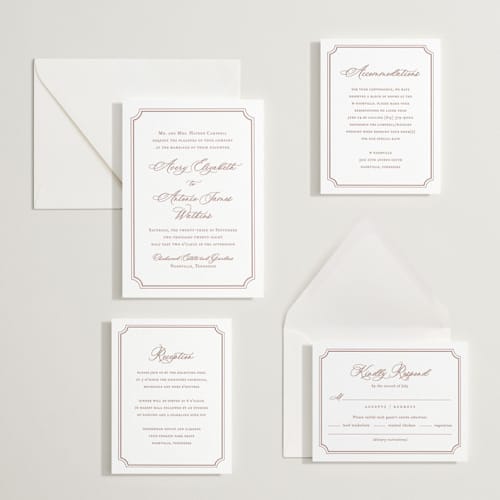 This is a cinnamon letterpress wedding invitations with letterpress by Jennifer Postorino called avery printing on white cotton in standard