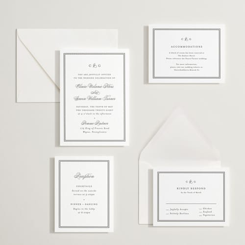 This is a soft black letterpress wedding invitations with letterpress by Carolyn MacLaren called timeless together printing on white cotton in standard