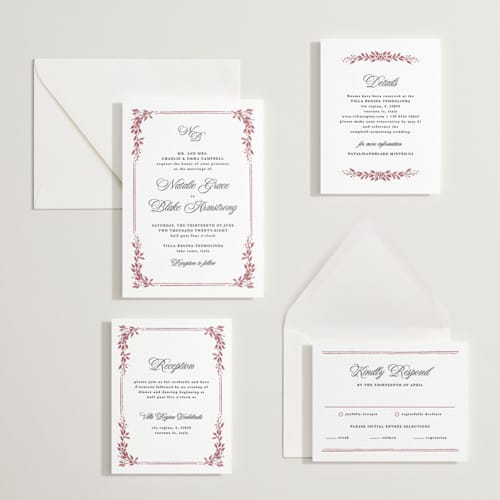 This is a maraschino | soft black letterpress wedding invitations with letterpress by Kate Ahn called lake como printing on white cotton in standard