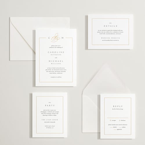 This is a saffron letterpress wedding invitations with letterpress by Kelly Schmidt called framed monogram printing on white cotton in standard