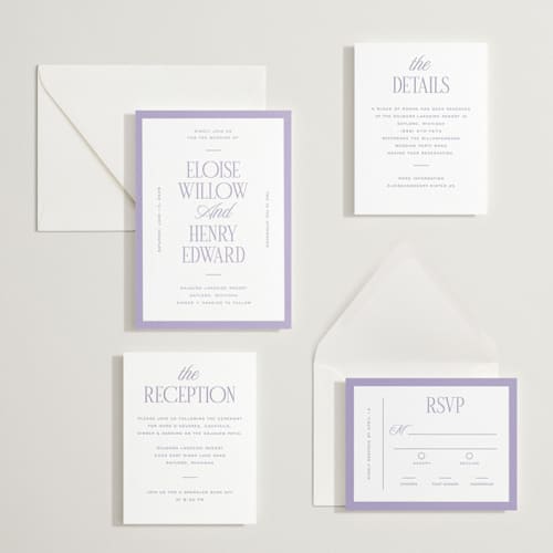 This is a lavender letterpress wedding invitations with letterpress by Pixel and Hank called threaded printing on white cotton in standard