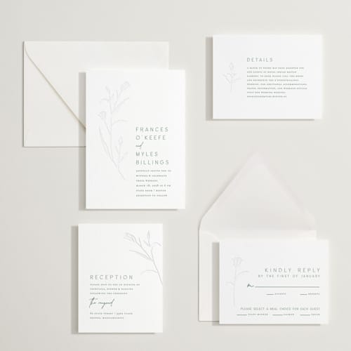 This is a evergreen letterpress wedding invitations with letterpress by Amy Kross called perennial printing on white cotton in standard