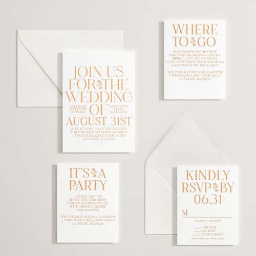 This is a clementine letterpress wedding invitations with letterpress by Baumbirdy called floral emblem printing on white cotton in standard