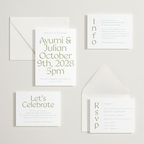 This is a olive | robin's egg letterpress wedding invitations with letterpress by Melanie Kosuge called ayumi printing on white cotton in standard