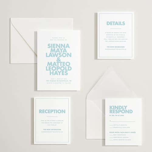 This is a robin's egg letterpress wedding invitations with letterpress by Ellen Schlegelmilch called sienna printing on white cotton in standard