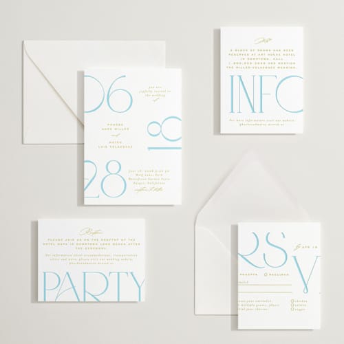 This is a robin's egg letterpress wedding invitations with letterpress by Owl and Toad called numerical printing on white cotton in standard