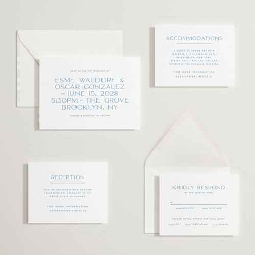 This is a marine blue letterpress wedding invitations with letterpress by Ellen Schlegelmilch called brooklyn printing on white cotton in standard